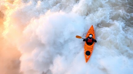 An adventurous kayaker clad in protective gear navigates exhilarating white water rapids, highlighted by rushing water, capturing a moment of thrilling movement and excitement.