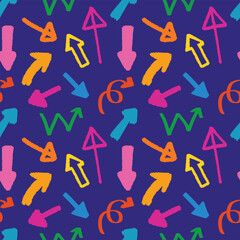 Colourful arrow and direction doodle hand drawn with different stroke and shapes seamless pattern background for wrapping and wallpaper