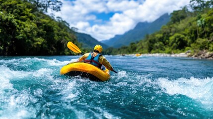 Kayakers glide through a vibrant river landscape under a bright blue sky, capturing the essence of adventure and freedom amidst stunning natural beauty and tranquility.