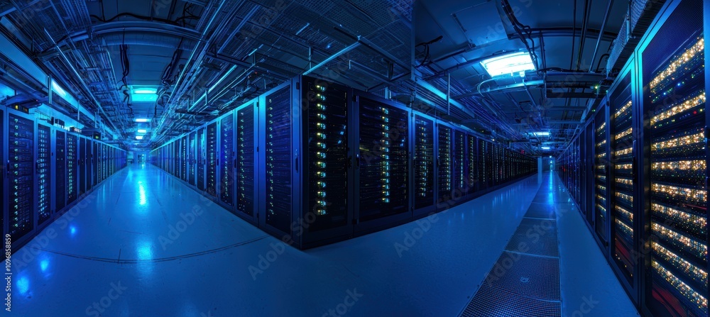 Poster panoramic view of a data center with rows of servers and blue lighting for technology design