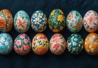 Colorful Hand-Painted Easter Eggs with Floral Patterns Arranged Beautifully on Dark Fabric