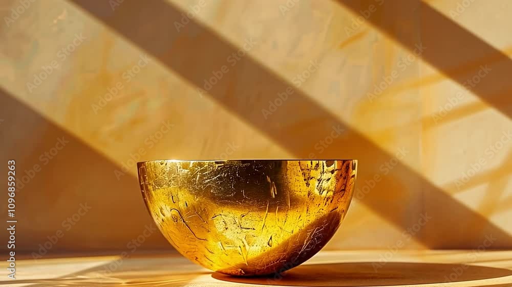 Poster a golden bowl rests gracefully on a surface, bathed in soft sunlight. the textured background enhanc