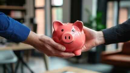 Financial Trust and Partnerships Symbolized by Piggy Bank Exchange in Modern Office Setting