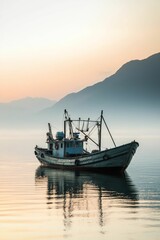 Obraz premium Tranquil sunrise, weathered fishing boat, calm water.