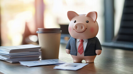 Corporate Savings Concept: Piggy Bank in Business Suit for Financial Planning and Office Decor