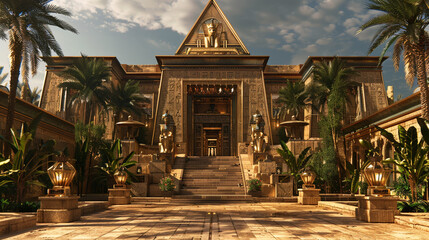 A stunning Egyptian-inspired house exterior with a large triangular pediment above the entrance, 
