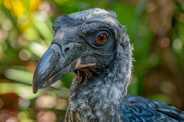 Portrait dodo bird with detailed focus on its unique facial features, textured feathers, standing against vibrant green background, captures extinct dodo distinct appearance in its natural.