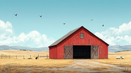 Naklejka premium Serene Countryside: A Rustic Red Barn Under a Blue Sky