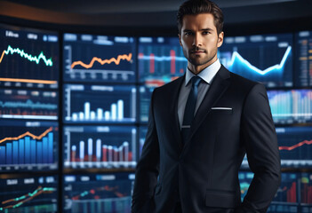 A confident businessman visualizes success, targeting growth amidst a backdrop of illuminating financial data charts, signifying strategic leadership and ambitious market investment.