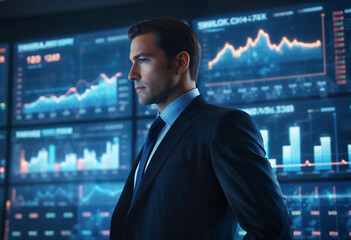 Fototapeta premium A confident businessman visualizes success, targeting growth amidst a backdrop of illuminating financial data charts, signifying strategic leadership and ambitious market investment.