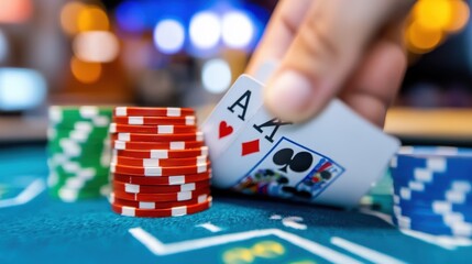 The image depicts a close-up view of a poker game scene, where a hand is revealing a pair of playing cards next to stacks of red and green poker chips on a green table.
