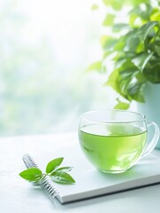 Transparent cup of green tea placed on an open notebook, fresh green leaves and a blurred background, symbolizing mindfulness and health