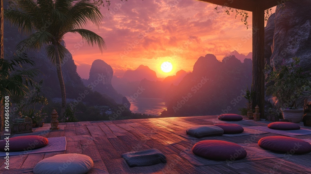 Aufkleber a serene and peaceful scene with a sunset in the background