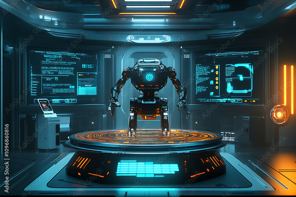 Poster a futuristic ai-driven robot working in a high-tech lab, surrounded by glowing data interfaces, repr