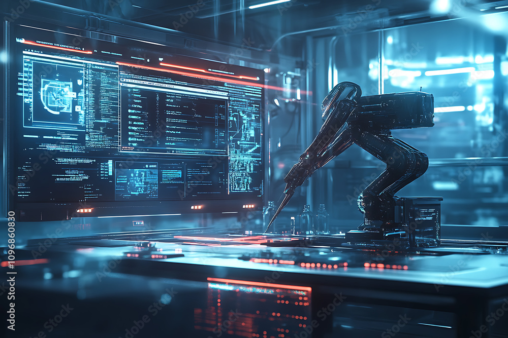 Poster a futuristic ai-driven robot working in a high-tech lab, surrounded by glowing data interfaces, repr