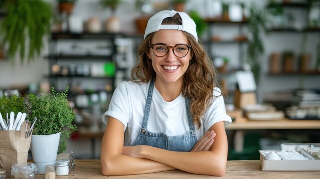 A smiling young woman in a white shirt and apron stands in a shop, surrounded by green plants, indicating freshness and an enthusiasm for organic products.
