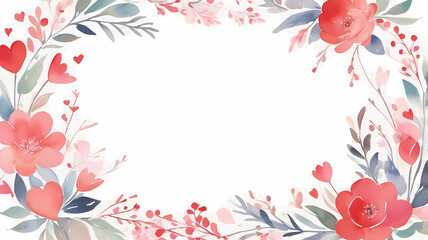 minimalist watercolor border with hand-painted hearts and delicate roses, peonies and herbal vine. Spring floral, saint valentines card with copy space, mock up. 