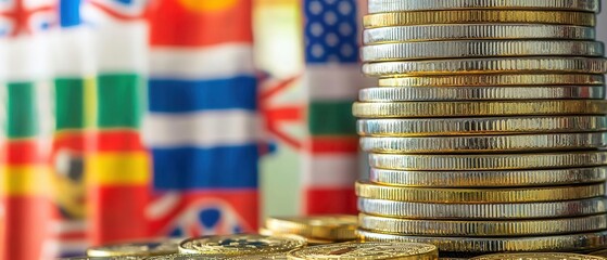 A close-up of stacked coins with various international flags in the background, symbolizing global finance and currency exchange.