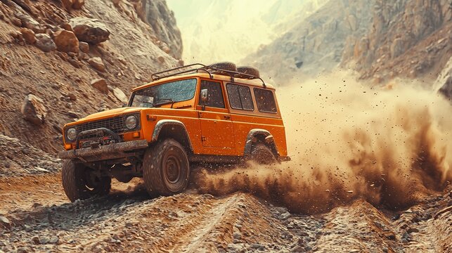 An orange off-road vehicle kicks up dust as it navigates a rugged mountain trail, showcasing adventure and rugged terrain. - Powered by Adobe
