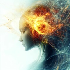 Abstract fiery hair, ethereal woman's profile.