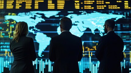 Business professionals analyzing global data projections on a digital screen in a modern office environment.