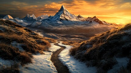 Majestic Mountain Peak at Sunset with Winding Snow Path