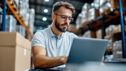 A warehouse employee with glasses concentrates on his laptop, performing data analysis tasks amidst stacks of boxes in a well-lit storage environment.