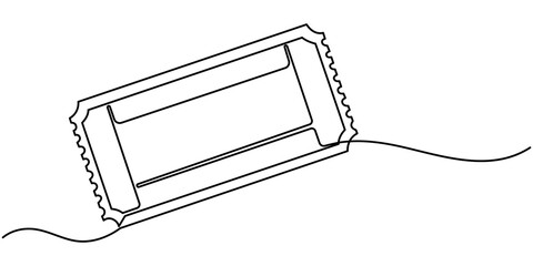Continuous one line drawing cinema ticket. Vintage cinema ticket isolated on a white background. Vector illustration, Cinema tickets seamless texture for your background with trendy line art style.