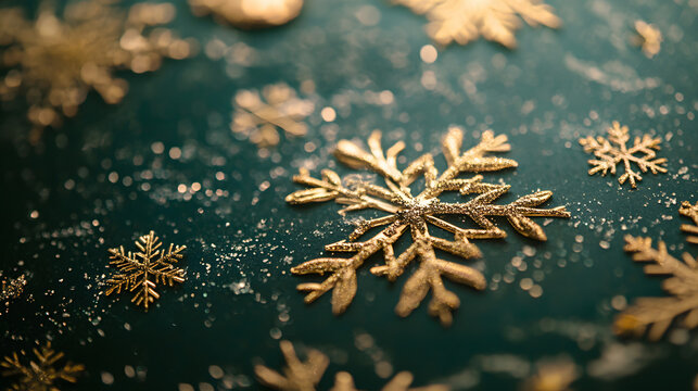 A luxurious Christmas card featuring gold foil lettering and a deep green background adorned with subtle snowflake patterns. - Powered by Adobe