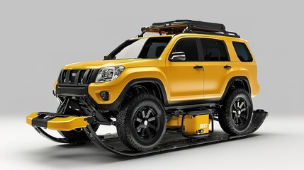 A vibrant yellow SUV designed for winter conditions, featuring snow tracks for enhanced mobility on snow and ice.