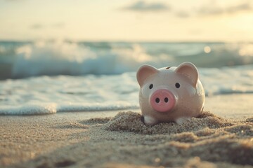 Piggy Bank on Sandy Beach for Vacation Savings Concept - Ideal Design for Travel and Finance Posters