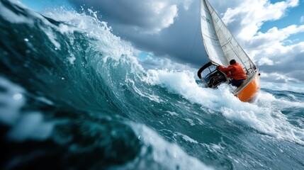 Fototapeta premium A yacht courageously faces towering ocean waves under ominous clouds, capturing the essence of human determination and adventure amidst nature's raw power.