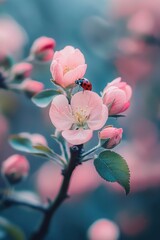 Obraz premium Delicate Pink Blossoms with Ladybug on Blooming Flower Branch in Soft Natural Light Creating a Serene Spring Landscape Scene
