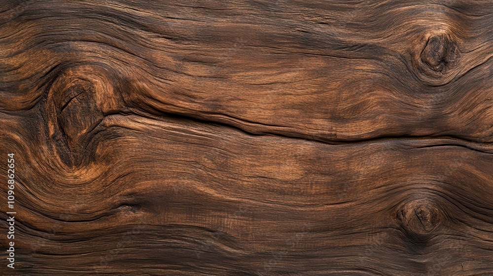 Poster a close-up view of textured, dark wood with visible grain patterns and knots, showcasing natural bea