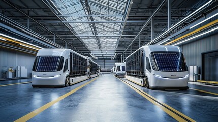 A modern transportation facility showcasing multiple sleek, solar-powered buses lined up in a spacious, well-lit area.