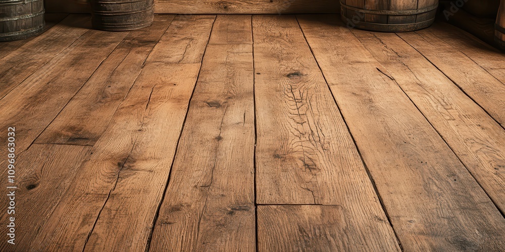 Poster a rustic wooden floor with visible grain patterns, complemented by nearby barrels, creating a warm a