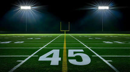 Empty Football Field at Night with Shining Lights Above