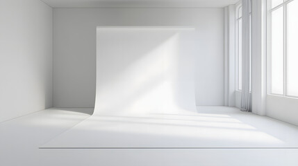 A minimalist product photography studio with all-white walls diffused lighting and a rotating display table.