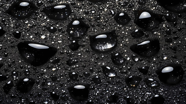 Tiny water droplets rest on a dark surface, shimmering like diamonds in the light, creating an abstract and tranquil scene of natural beauty. Shimmering Water Droplets. Illustration