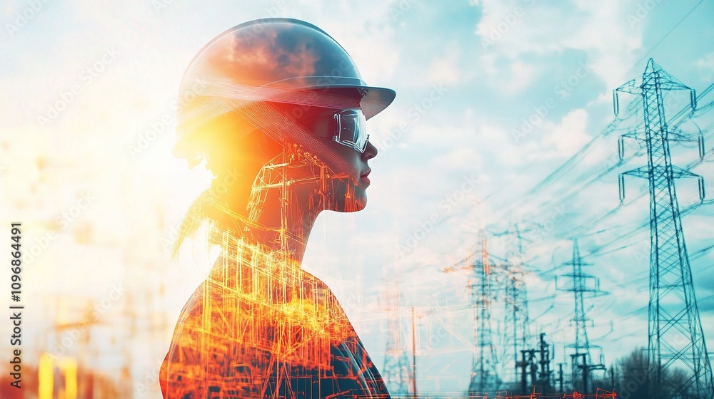 Poster electrical engineer at substation with power lines in background