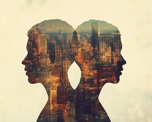 Skyline Office Synergy, Double Exposure of City and Human Silhouette