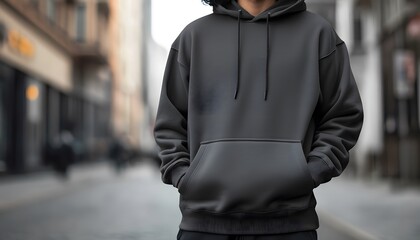 A mockup of an oversized hoodie in charcoal gray, worn by a man with black hair and a mustache standing on the street, full-body shot, close-up, front view.