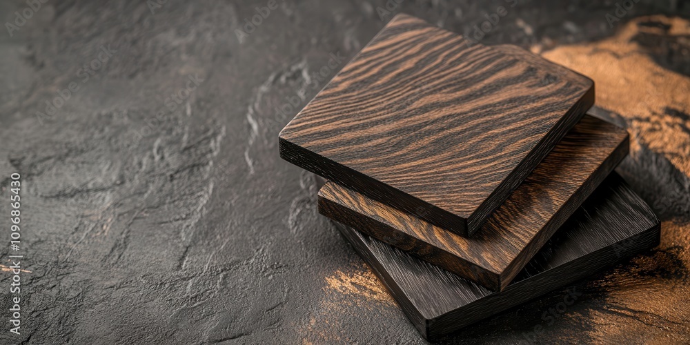 Poster three wooden coasters with unique textures are stacked on a dark surface, showcasing their natural p