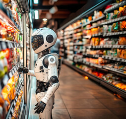 Side view of humanoid Futuristic retail robot assistant at a grocery store. future of retail automation and artificial intelligence in grocery stores