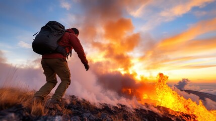 A captivating shot of an adventurer, equipped with a backpack, advancing towards a field of molten lava as a volcano erupts in the distance, painting the sky orange.