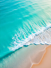 Fototapeta premium Summer seascape beautiful closeup. Blue sea water in sunny day. Top view from drone. Sea aerial surf, amazing tropical nature background. Mediterranean bright sea bay waves splashing beach sandy coast
