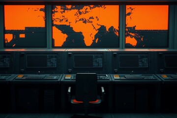 A dark control room features a chair facing orange-lit monitors displaying a world map, creating a futuristic and tense atmosphere.