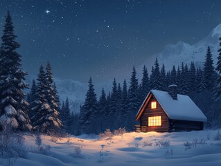 A cozy cabin illuminated in a snowy forest under a starry night sky.