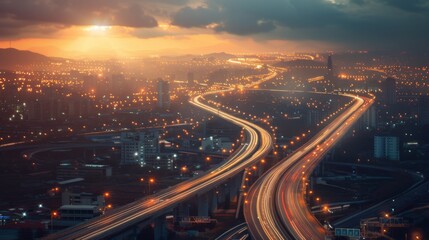 Fototapeta premium Night Cityscape Elevated Highway at Sunset Urban Infrastructure