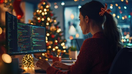 Christmas coding session home office digital work environment festive decor woman focused on programming